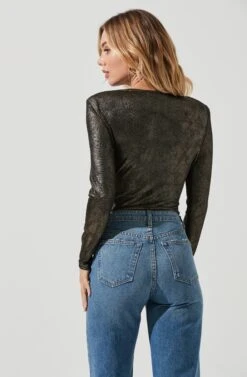Twist Front Deep V Metallic Bodysuit -Astr The Label Shop AT15619 BLACK GOLDFOIL 4