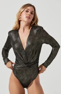 Twist Front Deep V Metallic Bodysuit -Astr The Label Shop AT15619 BLACK GOLDFOIL 5