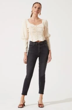 Long Sleeve Ruched Button Front Top