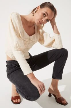 Long Sleeve Ruched Button Front Top 8 Long Sleeve Ruched Button Front Top -Astr The Label Shop AT16261 CREAM 954