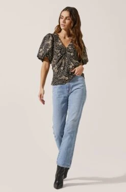Deep V Balloon Sleeve Top -Astr The Label Shop AT16293 BLACK TAUPEMULTIFLORAL 1