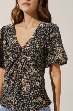 Deep V Balloon Sleeve Top -Astr The Label Shop AT16293 BLACK TAUPEMULTIFLORAL 3