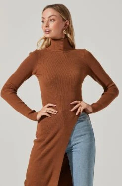 Hi Slit Turtleneck Sweater -Astr The Label Shop AT16295 CAMEL 4