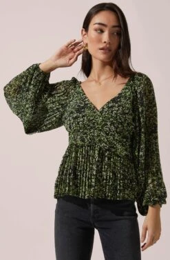 Plisse Long Sleeve Ruffle Top