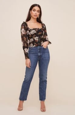 Square Neck Ruched Floral Top -Astr The Label Shop AT16433 BLACKMULTIFLORAL 1