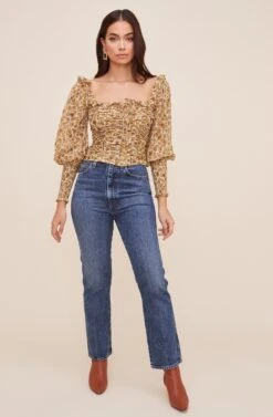 Square Neck Ruched Floral Top -Astr The Label Shop AT16433 IVORY MUSTARDFLORAL 3
