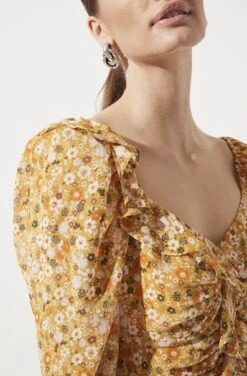 Ruched Sleeve Sweetheart Top 12 Ruched Sleeve Sweetheart Top -Astr The Label Shop AT16558 MUSTARD ORANGE DITSY 1022