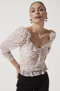 Ruched Sleeve Sweetheart Top 14 Ruched Sleeve Sweetheart Top -Astr The Label Shop AT16558 PURPLE MUSTARD DITSY 1025