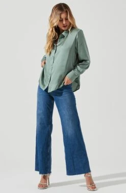 Long Sleeve Button Front Shirt -Astr The Label Shop AT16661 SAGE 1