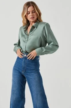 Long Sleeve Button Front Shirt -Astr The Label Shop AT16661 SAGE 4