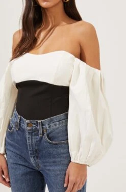 Off The Shoulder Long Sleeve Bodysuit -Astr The Label Shop AT16671 BLACK IVORY 3