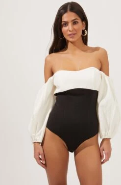 Off The Shoulder Long Sleeve Bodysuit -Astr The Label Shop AT16671 BLACK IVORY 6