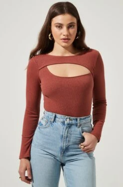 Front Cut Out Bodysuit -Astr The Label Shop AT16817 MARSALA 2