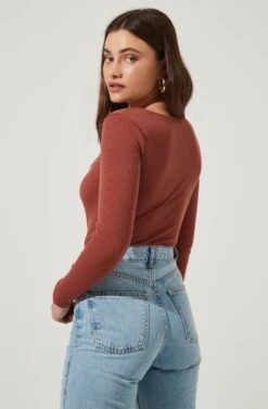 Front Cut Out Bodysuit -Astr The Label Shop AT16817 MARSALA 4