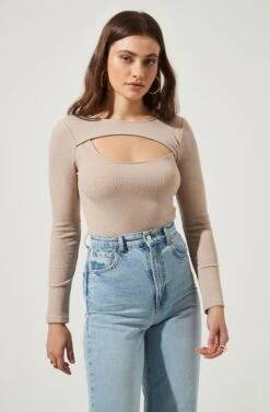 Front Cut Out Bodysuit -Astr The Label Shop AT16817 NUDE 2