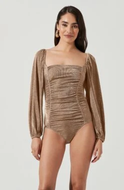 Ruched Long Sleeve Square Neck Bodysuit -Astr The Label Shop AT16959 BROWN 6