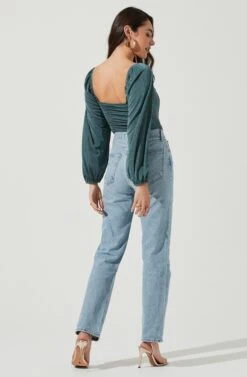 Ruched Long Sleeve Square Neck Bodysuit -Astr The Label Shop AT16959 SAGE 3
