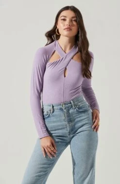 Long Sleeve Cutout Bodysuit 26 Long Sleeve Cutout Bodysuit -Astr The Label Shop AT16961 PURPLE 2