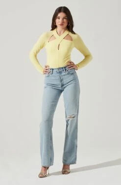 Long Sleeve Cutout Bodysuit 33 Long Sleeve Cutout Bodysuit -Astr The Label Shop AT16961 YELLOW 1