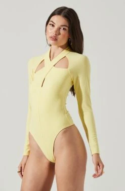 Long Sleeve Cutout Bodysuit 34 Long Sleeve Cutout Bodysuit -Astr The Label Shop AT16961 YELLOW 6
