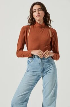 Long Sleeve Mock Neck Shrug -Astr The Label Shop AT16970 BROWN 3