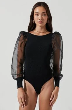 Organza Sleeve Knit Bodysuit -Astr The Label Shop AT16995 BLACK 1337