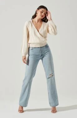 Wrap Front Pointelle Sweater -Astr The Label Shop AT17000 WHITE 2