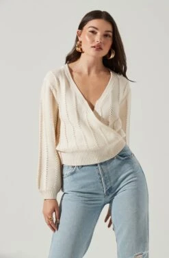 Wrap Front Pointelle Sweater -Astr The Label Shop AT17000 WHITE 3