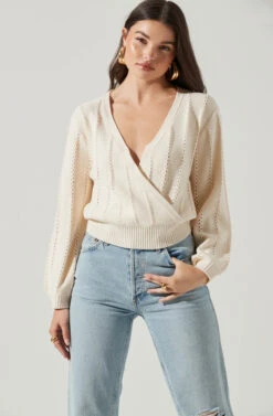 Wrap Front Pointelle Sweater -Astr The Label Shop AT17000 WHITE 4