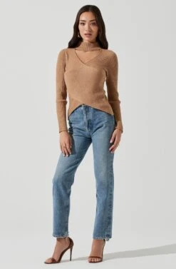 Mock Neck Cross Front Sweater 41 Mock Neck Cross Front Sweater -Astr The Label Shop AT17003 TAN 1103