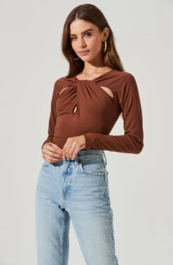 Multi Cutout Long Sleeve Bodysuit 32 Multi Cutout Long Sleeve Bodysuit -Astr The Label Shop AT17022 BROWN 1857