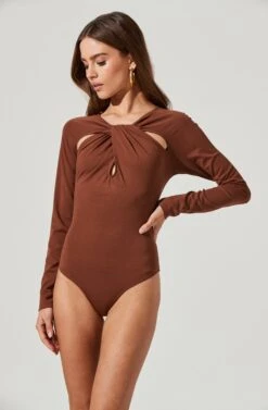 Multi Cutout Long Sleeve Bodysuit 35 Multi Cutout Long Sleeve Bodysuit -Astr The Label Shop AT17022 BROWN 1871