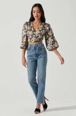 Wrap Front Back Cutout Top -Astr The Label Shop AT17045 GREYYELLOWFLORAL 1157