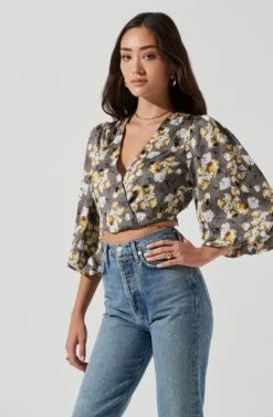Wrap Front Back Cutout Top -Astr The Label Shop AT17045 GREYYELLOWFLORAL 1168