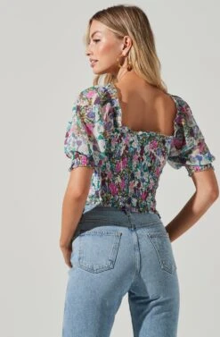Floral Smocked Half Sleeve Top -Astr The Label Shop AT17084 PINKGREENFLORAL 00481