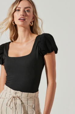 Puff Sleeve Square Neck Bodysuit -Astr The Label Shop AT17138 BLACK 1241