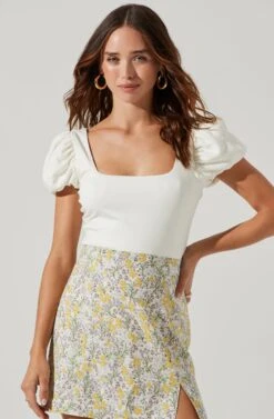 Puff Sleeve Square Neck Bodysuit -Astr The Label Shop AT17138 WHITE 3