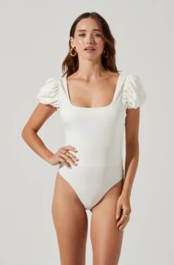 Puff Sleeve Square Neck Bodysuit -Astr The Label Shop AT17138 WHITE 7