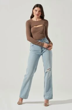 Long Sleeve Cutout Front Bodysuit -Astr The Label Shop AT17141 BROWN 1