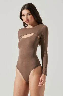 Long Sleeve Cutout Front Bodysuit -Astr The Label Shop AT17141 BROWN 6