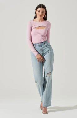 Long Sleeve Cutout Front Bodysuit -Astr The Label Shop AT17141 PINK 1