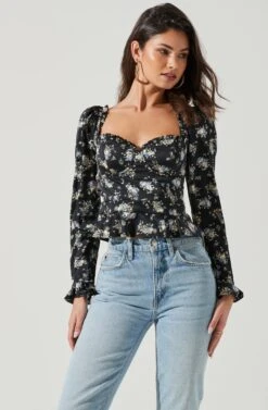 Long Sleeve Sweetheart Cinch Bust Floral Top -Astr The Label Shop AT17195 BLACKBLUEFLORAL 0416 0cecfa03 c7eb 4bb7 9447 3504db83ffcd