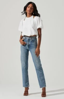 Short Sleeve Shoulder Cutout Tie Neck Top -Astr The Label Shop AT17199 WHITE 0933