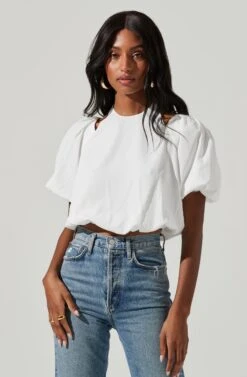 Short Sleeve Shoulder Cutout Tie Neck Top -Astr The Label Shop AT17199 WHITE 0941