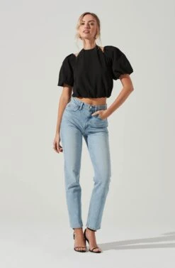 Short Sleeve Shoulder Cutout Tie Neck Top -Astr The Label Shop AT17199 BLACK 1477