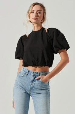 Short Sleeve Shoulder Cutout Tie Neck Top -Astr The Label Shop AT17199 BLACK 1486