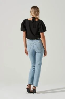 Short Sleeve Shoulder Cutout Tie Neck Top -Astr The Label Shop AT17199 BLACK 1487