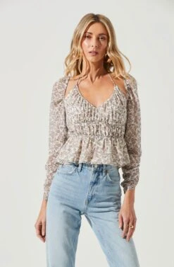Floral Long Sleeve Shoulder Cutout Tie Neck Top 18 Floral Long Sleeve Shoulder Cutout Tie Neck Top -Astr The Label Shop AT17205 WHITELAVENDERFLORAL 2