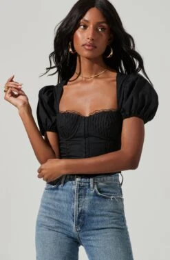 Cupped Short Puff Sleeve Hook And Eye Top