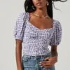 Ruched Short Puff Sleeve Top -Astr The Label Shop AT17231 BLUE GINHAM 0923